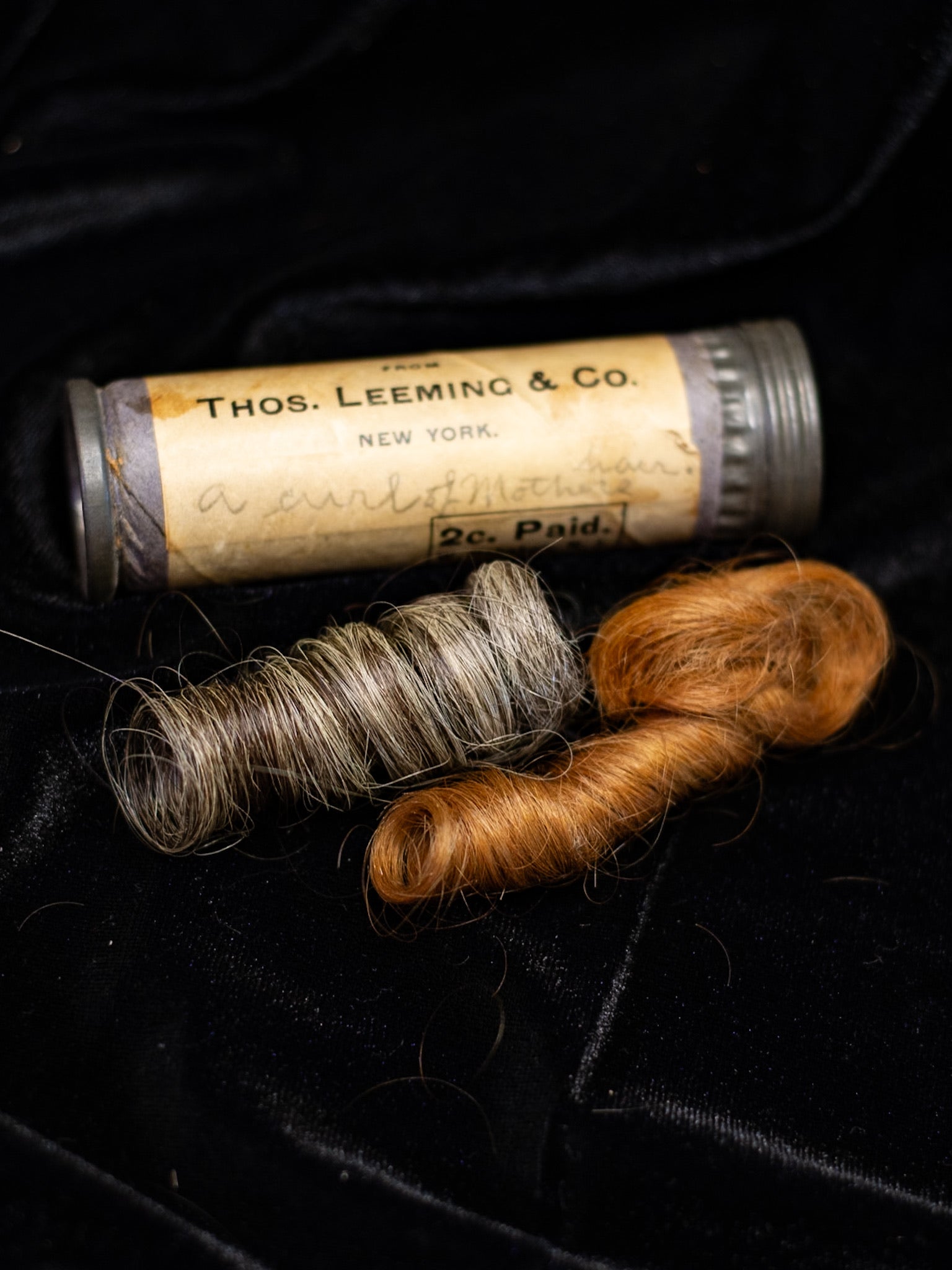 “A Curl of Mothers” | Victorian Hair Memento in Tube (Two Locks)