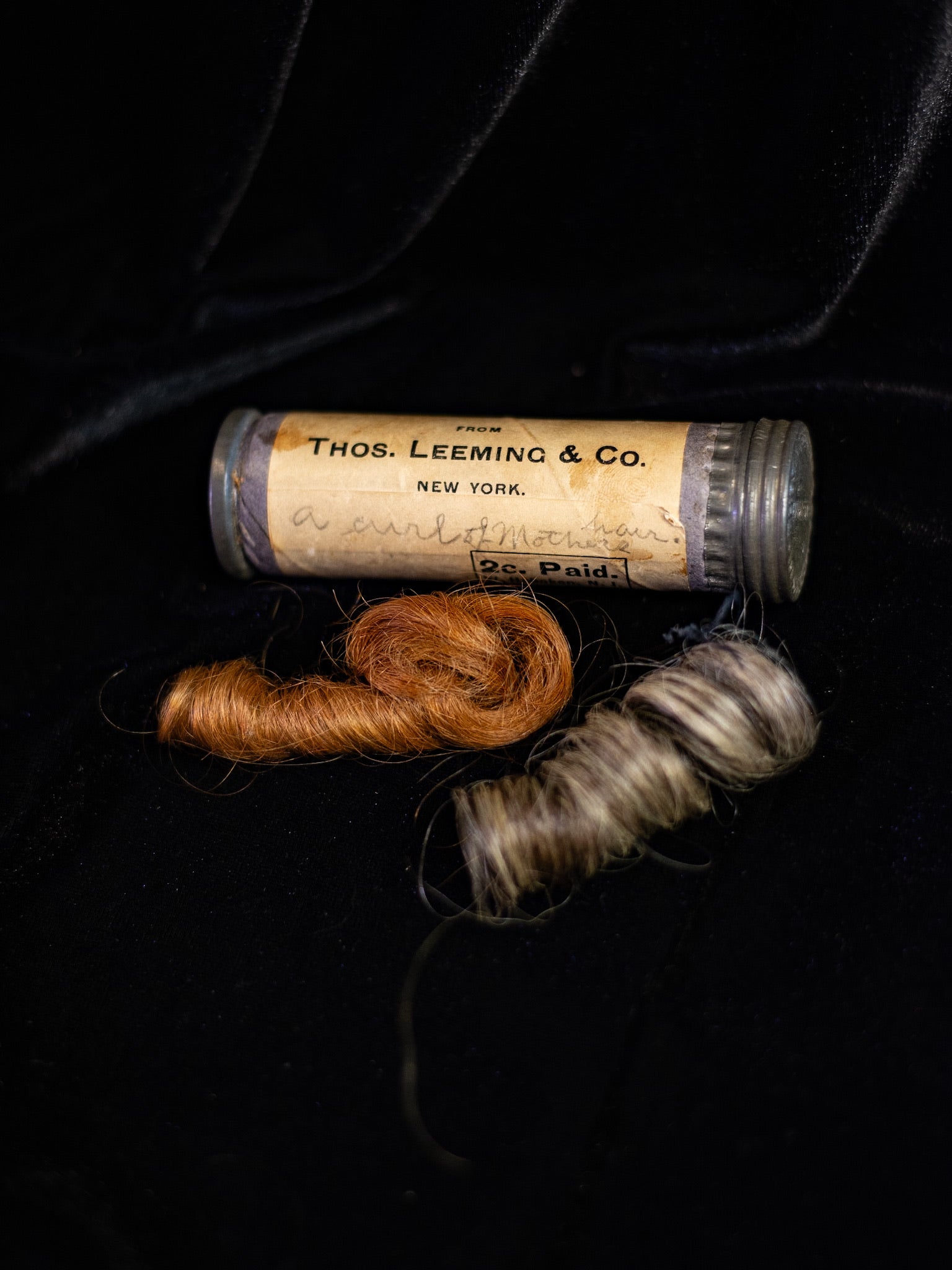 “A Curl of Mothers” | Victorian Hair Memento in Tube (Two Locks)